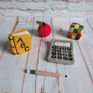Back to school felted props, ABC book,Calculator, Wool apple, Felted Pencil,Felted Rubik&#39;s Cube, School Supplies,Newborn Felted Props Decor