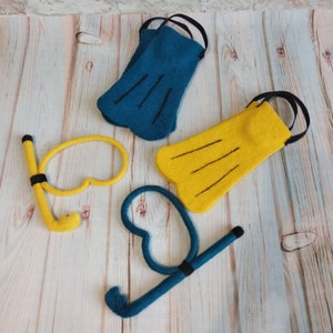 Newborn felted diving/snorkeling props, Felted flippers,mask,snorkel for newborn diver,Felted sport props,Newborn Photoprops,Felt Decor Prop