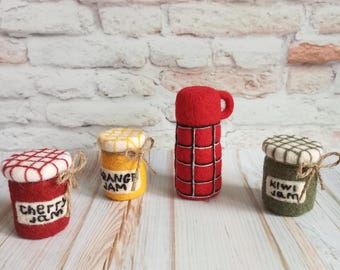 Barattoli in feltro per neonati con marmellata, thermos, biscotti, croissant, ciambelle, accessori per foto di neonati, dolcetti in feltro, accessori per cibo finto, accessori per picnic