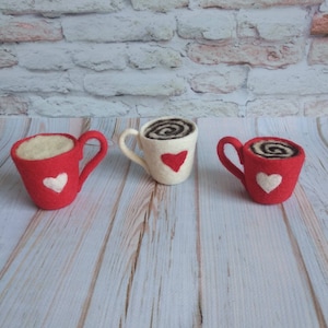 Newborn Felted red mug, Felted coffee cup with saucer,Croissant, Newborn Felted props,Newborn felted Photo Props,Newborn felted decor Props