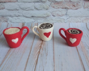 Newborn Felted red mug, Felted coffee cup with saucer,Croissant, Newborn Felted props,Newborn felted Photo Props,Newborn felted decor Props