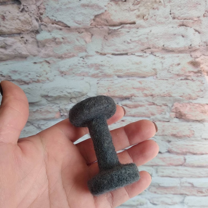 May include: A small gray felt dumbbell. The dumbbell is about 4 inches long and is made of felt.