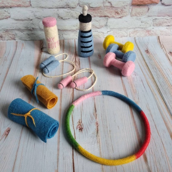Newborn felted Gym props, Yoga mat, Hula Hoop, Felted dumbbells, Felted Water bottle, Felted skipping rope, Newborn Felted sport props Decor