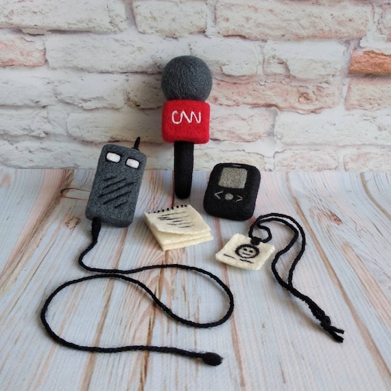Newborn felted journalist props, journalist microphone,notebook, badge, walkie-talkie, voice recorder, headphones, camera Felted photo props