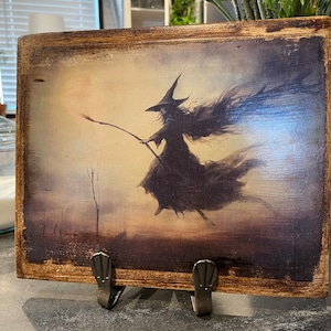 Flying Witch Primitive Art - Antiqued Mixed Media Sign