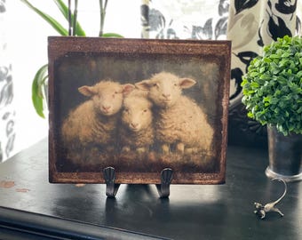 Lambs Mixed Media Antiqued Primitive Sign