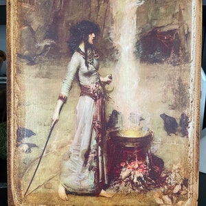 May include: A woman in a long white dress with a red sash stands in front of a cauldron with a fire underneath. She holds a staff in her left hand and a small object in her right hand. There are crows around the cauldron and a swirling mist in the background.