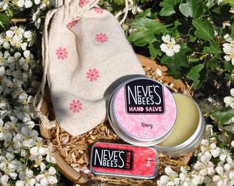 Letterbox Gift Bag Beeswax Rose Hand Salve and Lip Balm - Rosey Lip Balm 8ml Slider tin + Rosey Hand Salve 30ml tin in Pink-Daisy bag