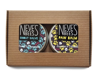 Gift for Dogs - Beeswax Paw Balm and Snout Salve - 2 x 30ml tins in gift box - 100% natural ingredients - no plastic - recycled card box