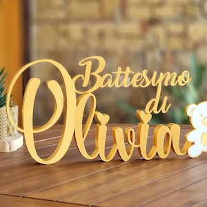 Battesimo con orsetto personalizzato stampato in 3D da tavolo, Scritta 3D, Nome evento, festa, sacramenti, religioso, nascita, neonato.