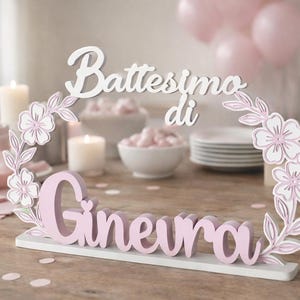 Può includere: Decorazione battesimo in legno rosa e bianco con il nome "Ginevra" in corsivo. Il design include una ghirlanda floreale e le parole "Battesimo di". La decorazione è su una base bianca.