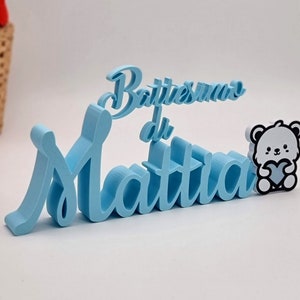 Battesimo con orsetto personalizzato stampato in 3D da tavolo, Scritta 3D, Nome evento, festa, sacramenti, religioso, nascita, neonato.