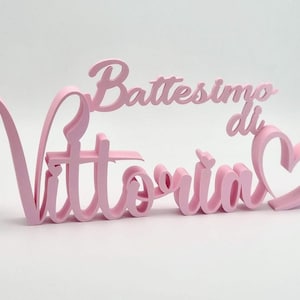 Può includere: Un'insegna rosa con la scritta "Battesimo di Vittoria" e un cuore. È un oggetto decorativo, probabilmente per una celebrazione del battesimo. Il testo è in italiano e realizzato in materiale solido.