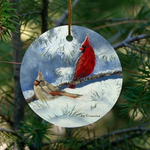 Cardinal Christmas Ornament, Winter Cardinal Couple Bird Ornament, Cardinal Christmas Tree Ornament, Red Bird Ornament, Christmas Keepsake
