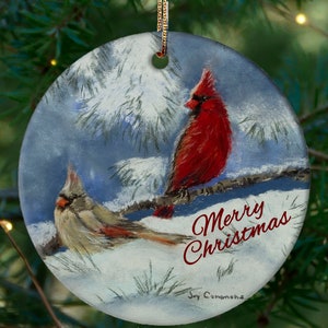 Merry Christmas Cardinal Ornament, Winter Cardinal Couple Ornament, Cardinal Christmas Tree Ornament, Red Bird Ornament, Christmas Keepsake