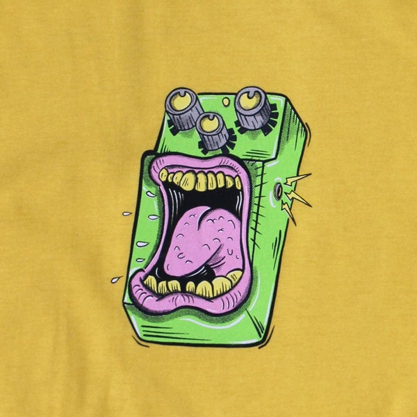 Yellow Screamer Pedal T-shirt, Crewneck, Tube Screamer, Screen Print, Guitar Geek, Guitar Lover, Guitar Gift, Music T-shirt, Vegan Ink