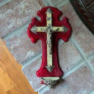 Antique French Religous Crucifix Holy Water Font Red Velvet South of France