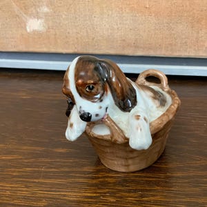 English Royal Doulton Bone China Hand Painted Dog in Basket Vintage