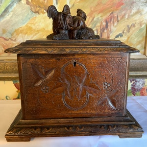 19th C European Black Forest Antique Carved Wood Box with DOGS
