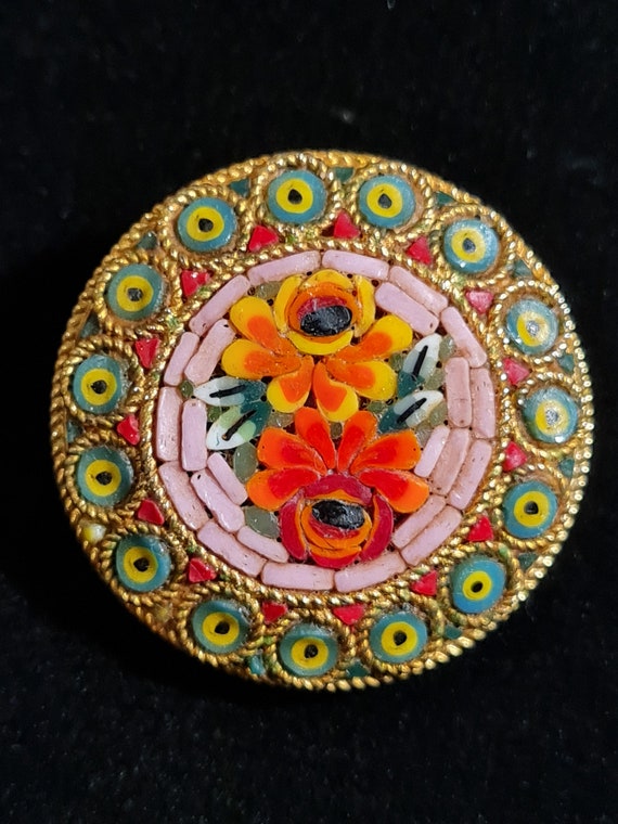 Vintage Italian Micro Mosaic Floral Brooch Pin