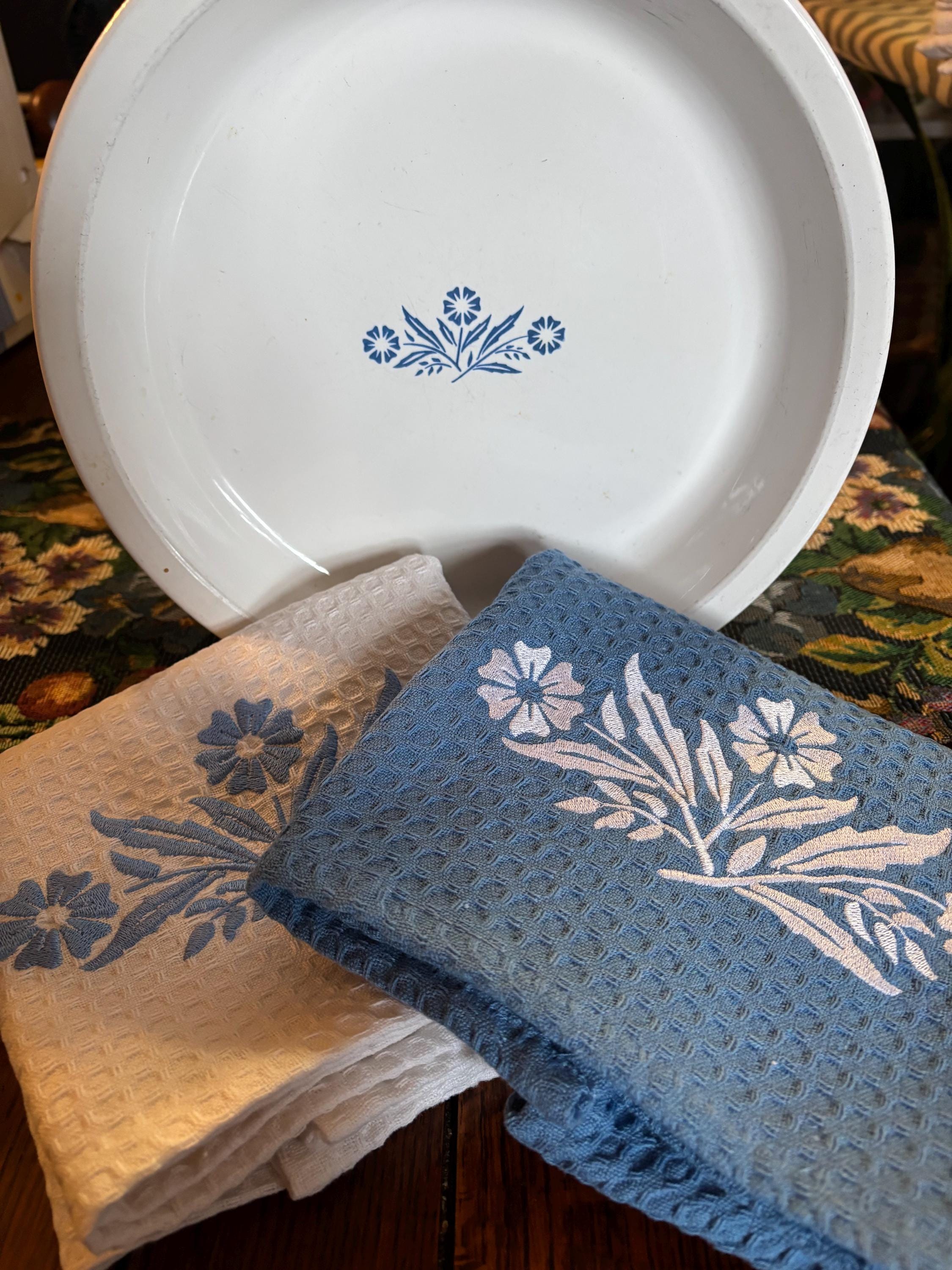 Cornflower Embroidered Kitchen Towels (Complement your Corning Ware) Set of 2
