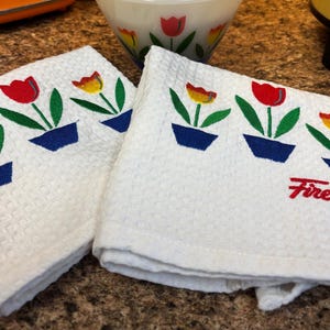 Fire King Tulips Embroidered Kitchen Cotton Weave Towel (with or without logo)
