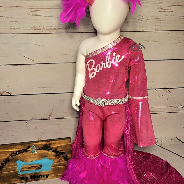 Barbie Feather pageant jumpsuit with sequin detachable train and 5inch feather bow on nylon