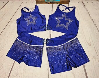 Dallas Youth Cheer Practice Gear Blue Star Sport Bra Top, Blue