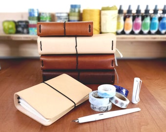 Custom Refillable Full Grain Veg Tan Leather Journal Cover A6 A5 Traveler's Notebook Midori  Gift for Him Gift for Her