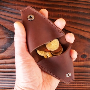 Coin Purse Triangular Leather Pouch Coin Holder Coin Organizer Coin Pocket Vegetable Leather Metal Knob Brass Snap