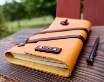 May include: A yellow leather journal with brown leather straps and a metal clasp. The journal has the initials "AMO" embossed on the front cover. A brown pencil is lying next to the journal.
