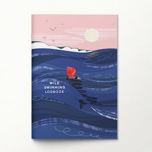 May include: A "Wild Swimming Logbook" featuring an illustration of a swimmer in blue water beneath a pink sky with a full moon. The swimmer is wearing a red hat. The logbook cover displays the title "Wild Swimming Logbook".