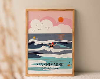 Sea Swimming Art Print: Wild Swimmer Coastal Wall Decor