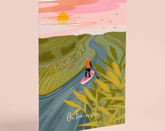 Tarjeta con ilustración de paddle surf en el río: Wanderlust A6