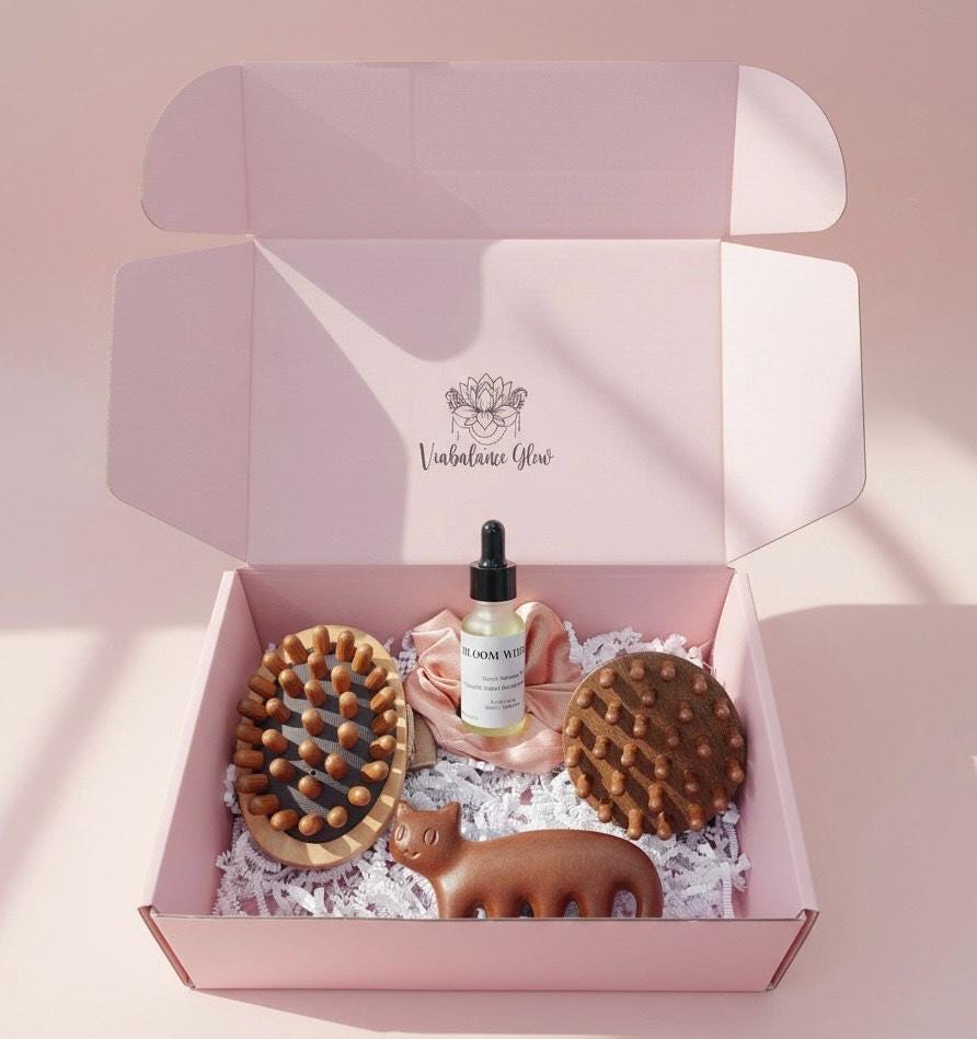 Bloom & Balance Self-Care Gift Set- Massage Oil, Wooden Tools Gift Box