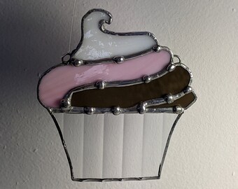 Cupcake, Hand Made Stained Glass Sun Catcher,Neaopolitan,Glass Dessert,Window Decor,Coffee Shop Decor, Bakery Decor