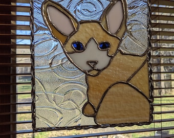 Stained Glass Cornish Rex Cat/Cream & White Cat Suncatcher with beautiful twisted metal frame