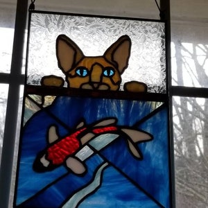 Curious Cornish Rex/Sphinx Cat Stained Glass peeking into koi pond/Hand Made Stained Glass/Kitty and Fish