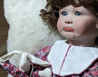 Vintage Handmade Porcelain Baby Doll with bunny/Realistic Tears/Crying Doll/Pouting Doll/Blue Eyes