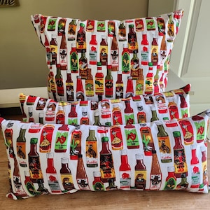 Hot Sauce Throw Pillows-Set of 3-Southwestern Home Decor-Hot Sauce Bottles Fabric-Cotton Throw Pillow