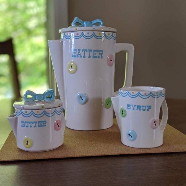 Vintage Pastel Pancake Serve Set/Batter Pitcher/Butter Pitcher/Syrup Pitcher/1957 By Chess/Buttons & Bows