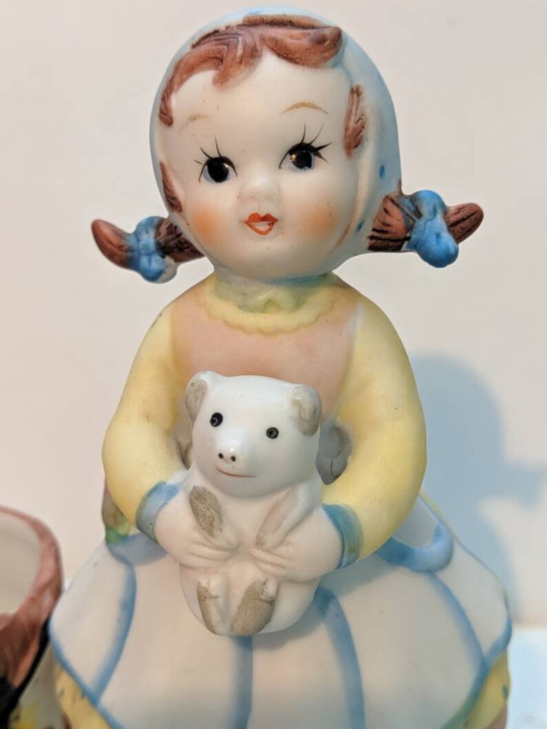 Vintage Ceramic Figurine,little Girl With Red Pigtails Holding Pig,1980