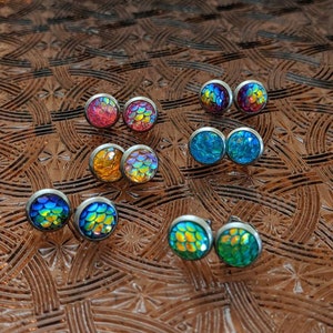 3D Scales Earrings~Mermaid Scales~Fish Scales~Dragon Scales~Snake Skin~8mm stainless steel studs~Hypoallergenic jewelry~Ocean~Reptile
