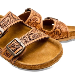 Myra Hand Tooled Leather Sandals Floral Tan Footo Brass Buckles Cork Sole Flats - Back in Stock - Woman Size 6 thru Size 11 Available