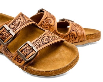 Myra Hand Tooled Leather Sandals Floral Tan Footo Brass Buckles Cork Sole Flats - Back in Stock - Woman Size 6 thru Size 11 Available