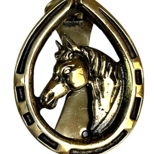 Horseshoe w Horse Head Door Knocker Solid Brass Door knob 4in flat wall decor