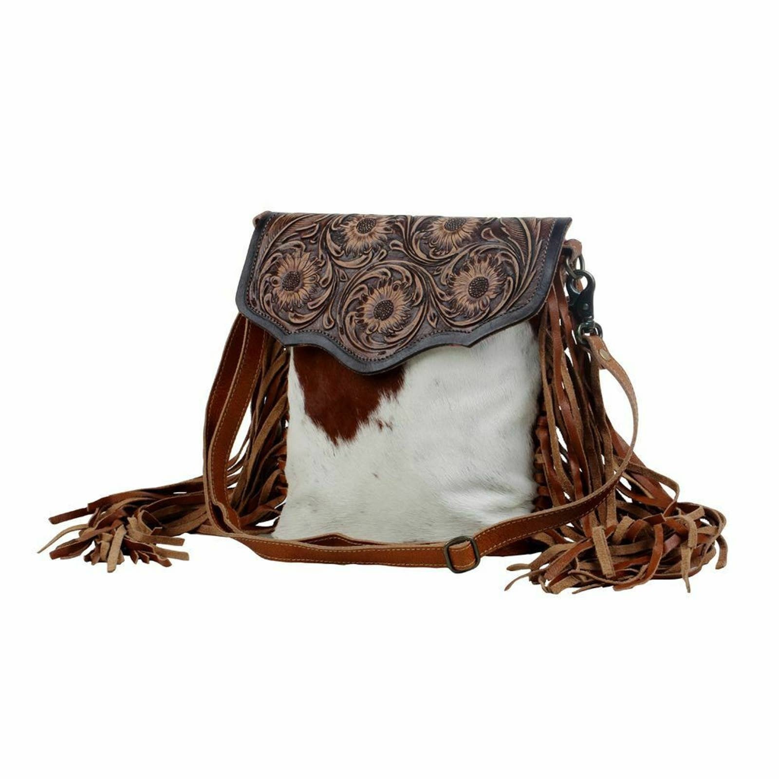 Myra Bag BLOSSOM Handtooled Flap Brown Leather Cowhide Fringe Etsy UK
