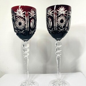 Deep Ruby RED Wine Stems Pair Fine Crystal Karl Klokotschnik Zwiesel Germany 9.75in starburst Pinwheel Wine Hocks
