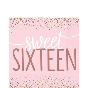 Rose Gold & Pink Sweet 16 Lunch Napkins 16ct, 6 1/2in x 6 1/2in Paper Napkins, Sweet Sixteen Birthday