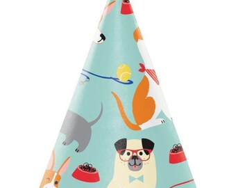 May include: A light blue party hat with a repeating pattern of various dog breeds, tennis balls, and food bowls. The dogs are in different poses and colors, with one wearing glasses and a bow tie. The hat is cone-shaped.